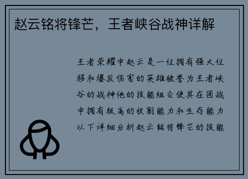 赵云铭将锋芒，王者峡谷战神详解