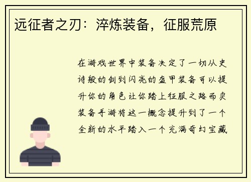 远征者之刃：淬炼装备，征服荒原